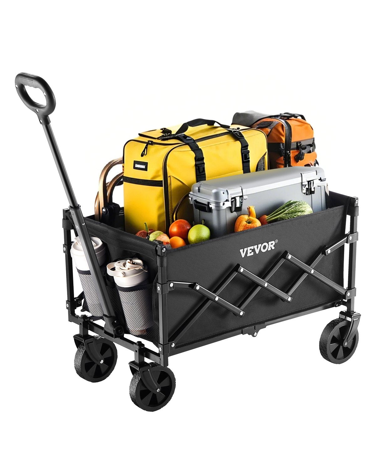 VEVOR Folding Hand Truck, 120 l Collapsible Cart with Swivel Wheels and Adjustable Handle, Durable Outdoor Cart for Beach, Shopping and Garden, 102 kg Load Capacity, Black