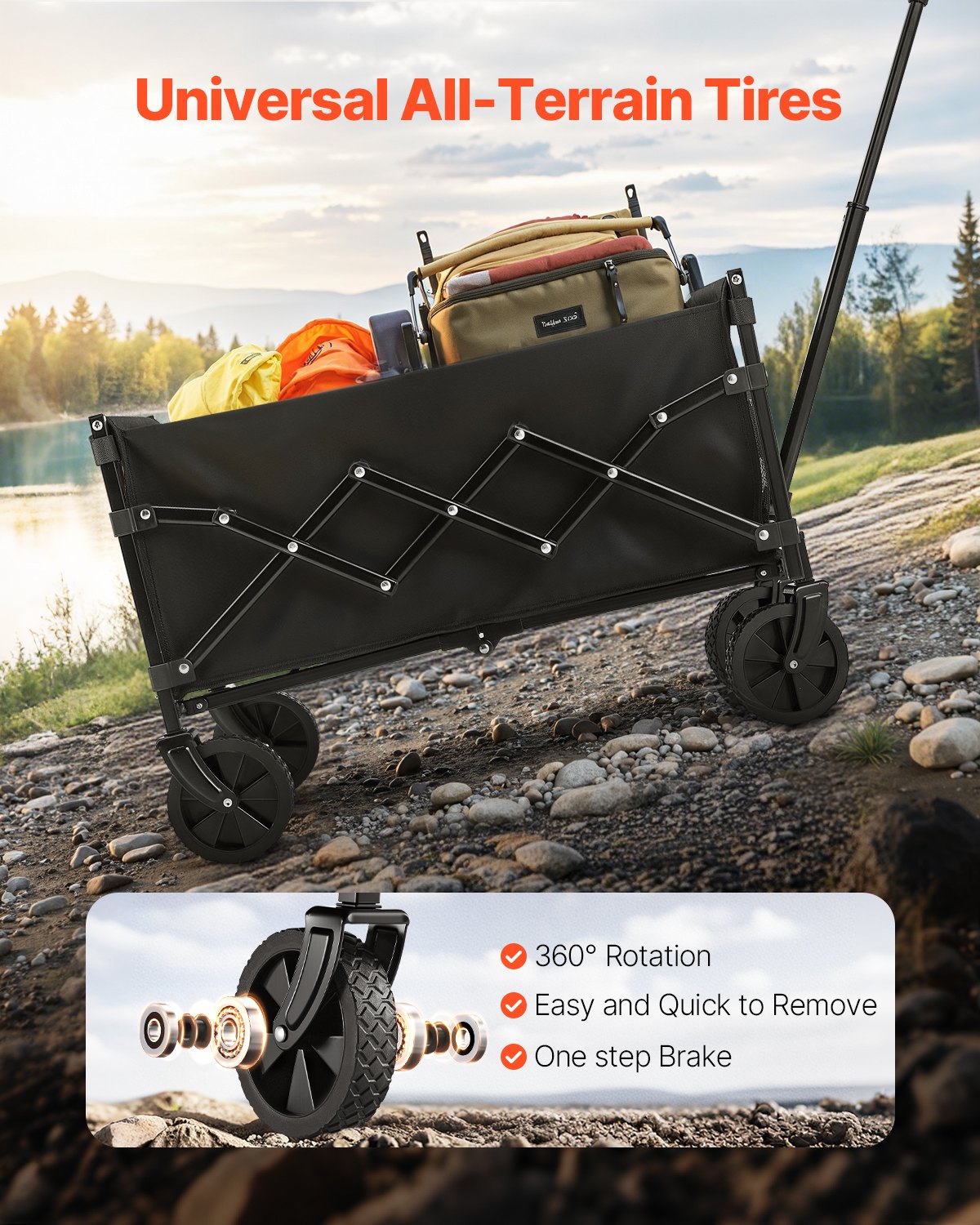 VEVOR Folding Hand Truck, 120 l Collapsible Cart with Swivel Wheels and Adjustable Handle, Durable Outdoor Cart for Beach, Shopping and Garden, 102 kg Load Capacity, Black