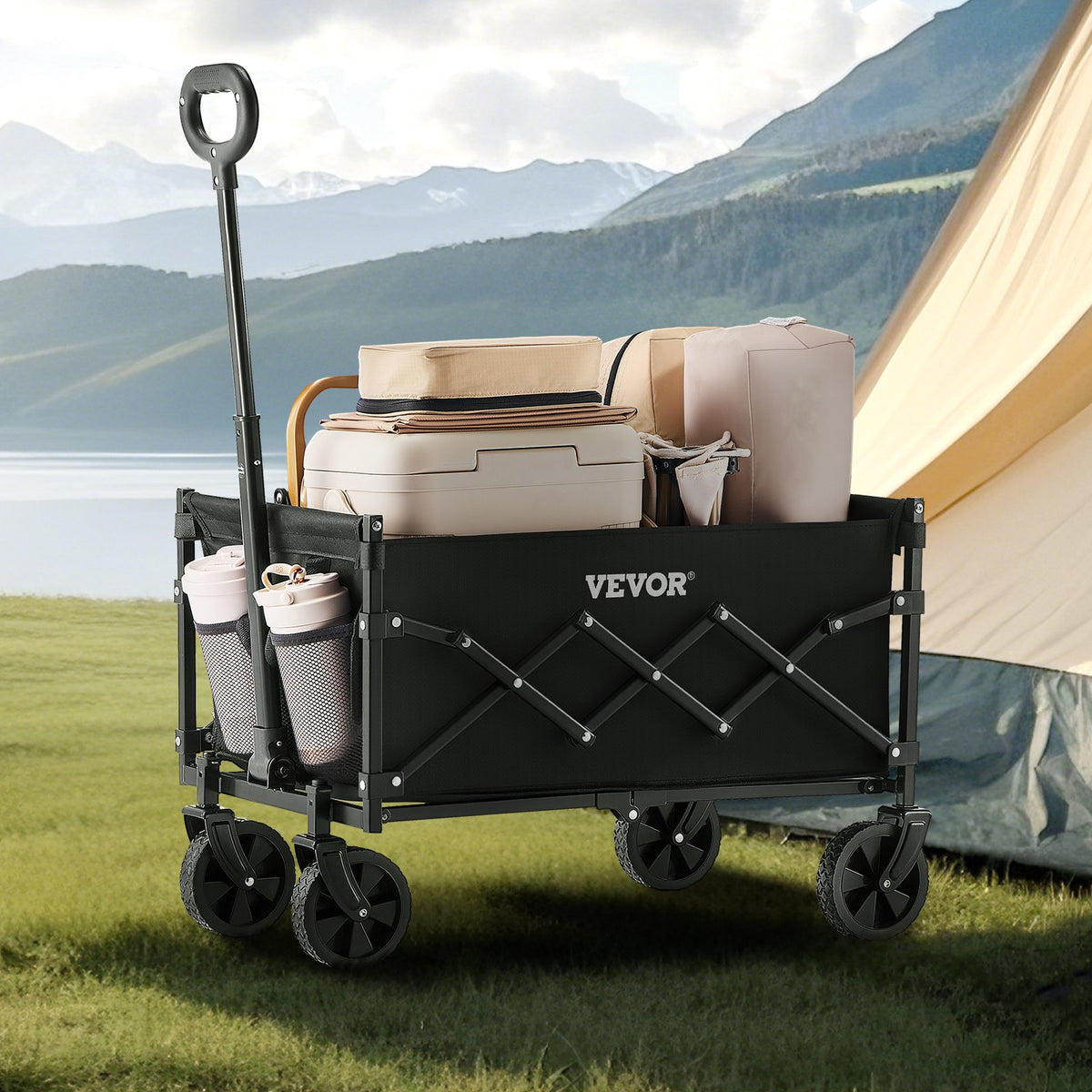 VEVOR Folding Hand Truck, 120 l Collapsible Cart with Swivel Wheels and Adjustable Handle, Durable Outdoor Cart for Beach, Shopping and Garden, 102 kg Load Capacity, Black