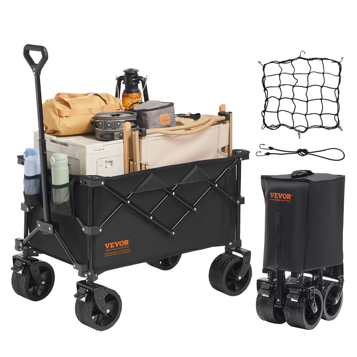 VEVOR Folding Beach Cart, 220 L Trolley with Swivel Wheels and Cup Holders, Heavy-Duty Collapsible Cart with 150 kg Weight Capacity for Camping, Shopping and Gardening