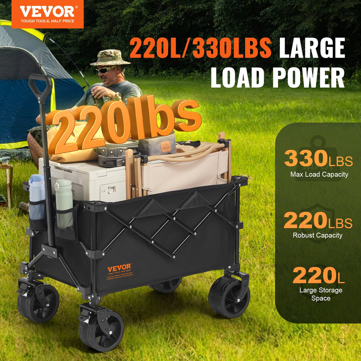 VEVOR Folding Beach Cart, 220 L Trolley with Swivel Wheels and Cup Holders, Heavy-Duty Collapsible Cart with 150 kg Weight Capacity for Camping, Shopping and Gardening