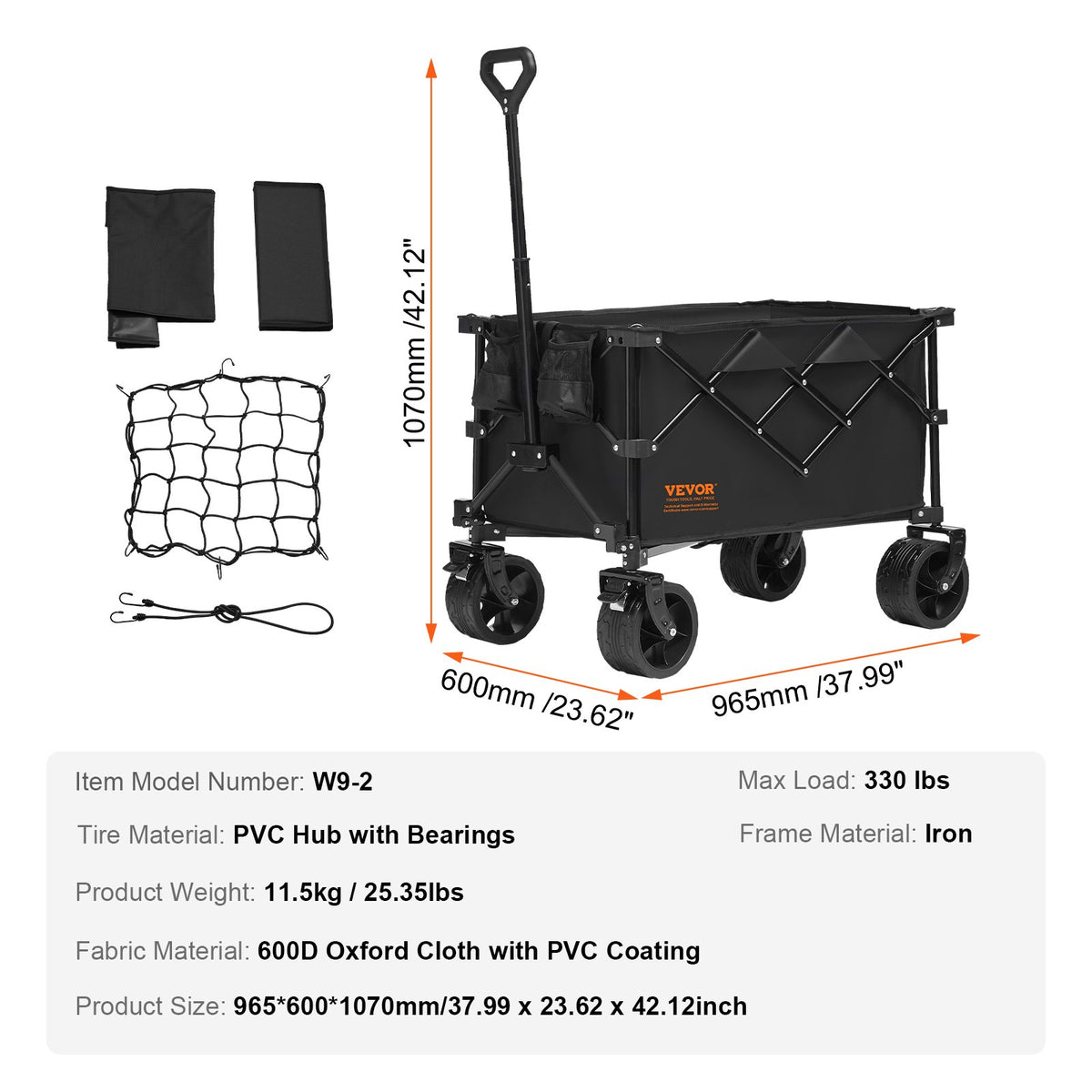 VEVOR Folding Beach Cart, 220 L Trolley with Swivel Wheels and Cup Holders, Heavy-Duty Collapsible Cart with 150 kg Weight Capacity for Camping, Shopping and Gardening