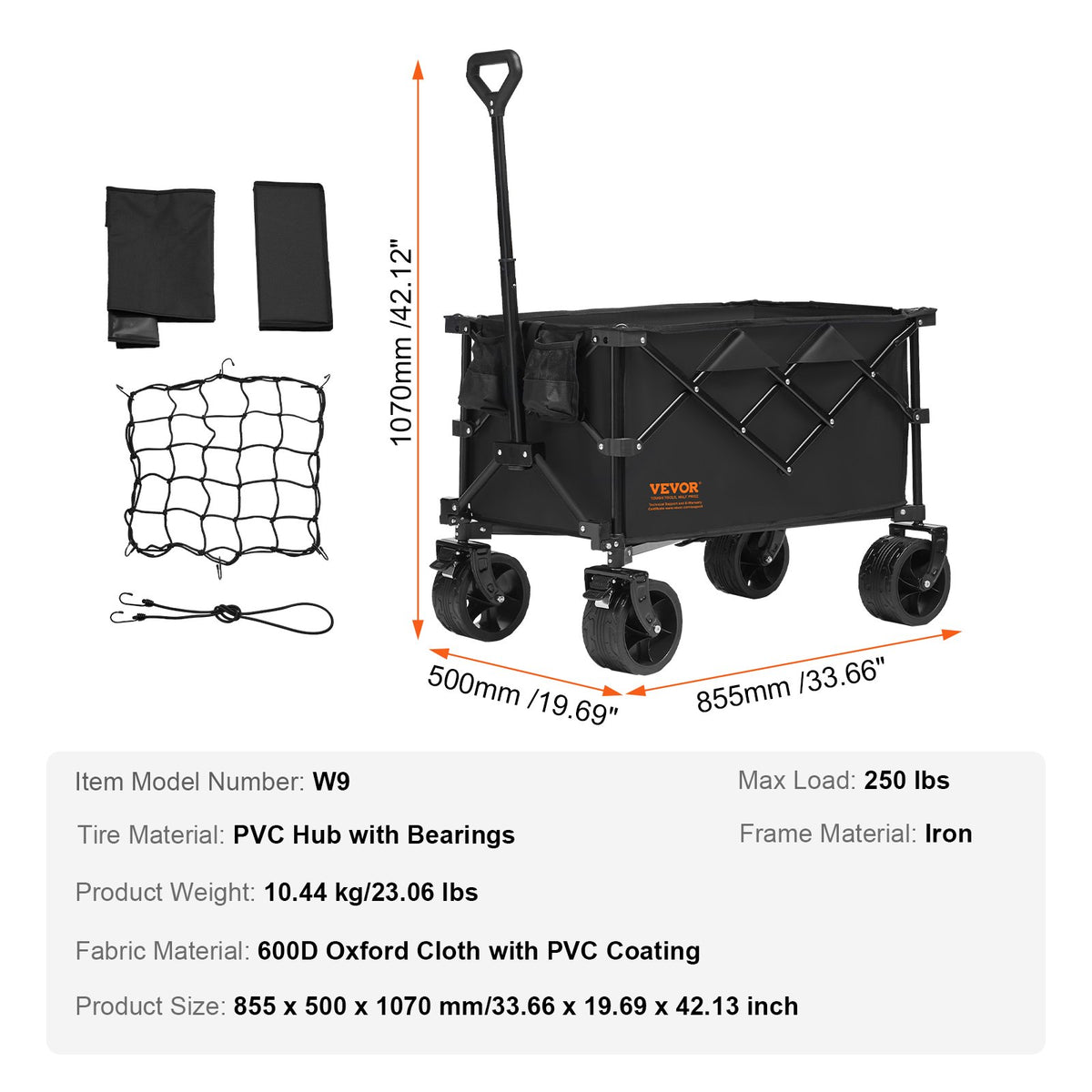 VEVOR Folding Beach Cart, 113 L Trolley with All-Terrain Wheels and Cup Holders, Heavy-Duty Collapsible Cart with 113 kg Weight Capacity for Camping, Shopping and Gardening