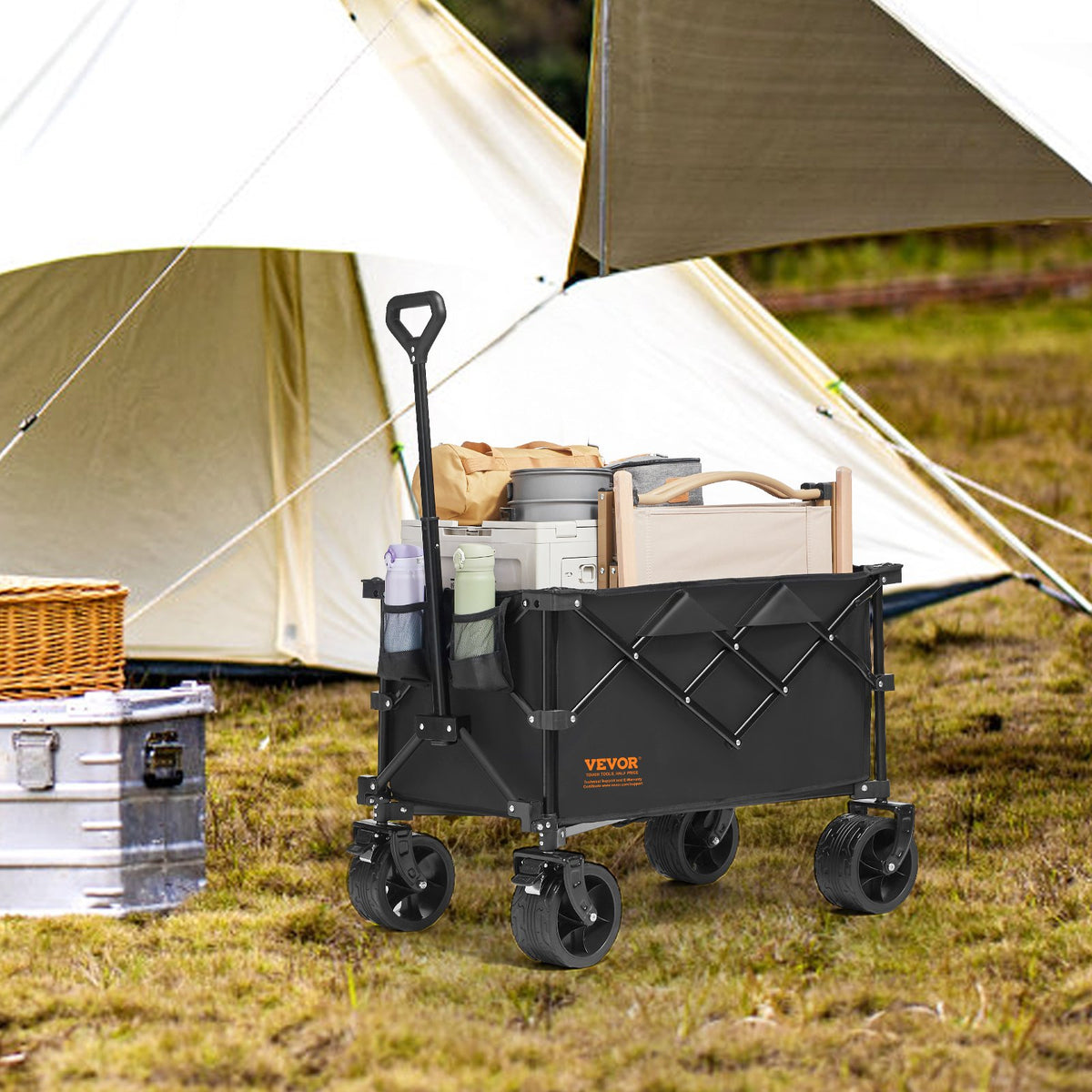 VEVOR Folding Beach Cart, 113 L Trolley with All-Terrain Wheels and Cup Holders, Heavy-Duty Collapsible Cart with 113 kg Weight Capacity for Camping, Shopping and Gardening