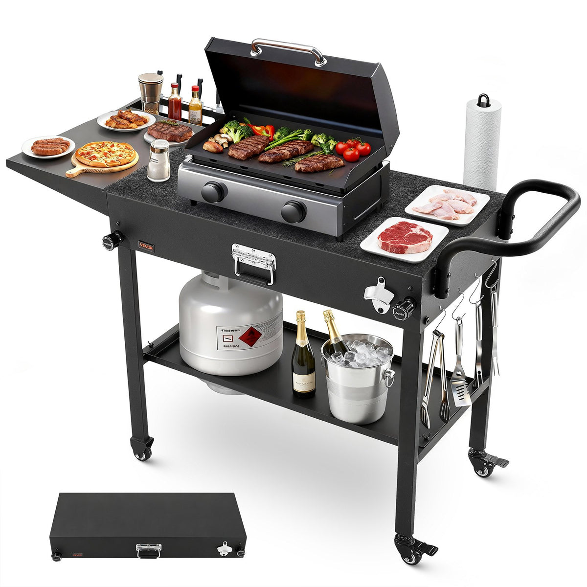 VEVORi välisgrillilaud, tööpind 787 × 432 mm, kokkupandav välisgrillilaud salvrätikupidiku, konksude, rataste ja külglauaga, grillimiseks piknikul, köögis ja aias