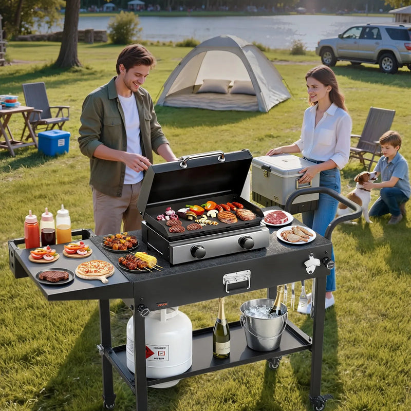 VEVOR āra grila galds, 787 × 432 mm darba virsma, salokāms āra gatavošanas galds ar salvešu turētāju, āķiem, riteņiem un sānu galdu, BBQ sagatavošanai piknikam, virtuvei un pagalmam