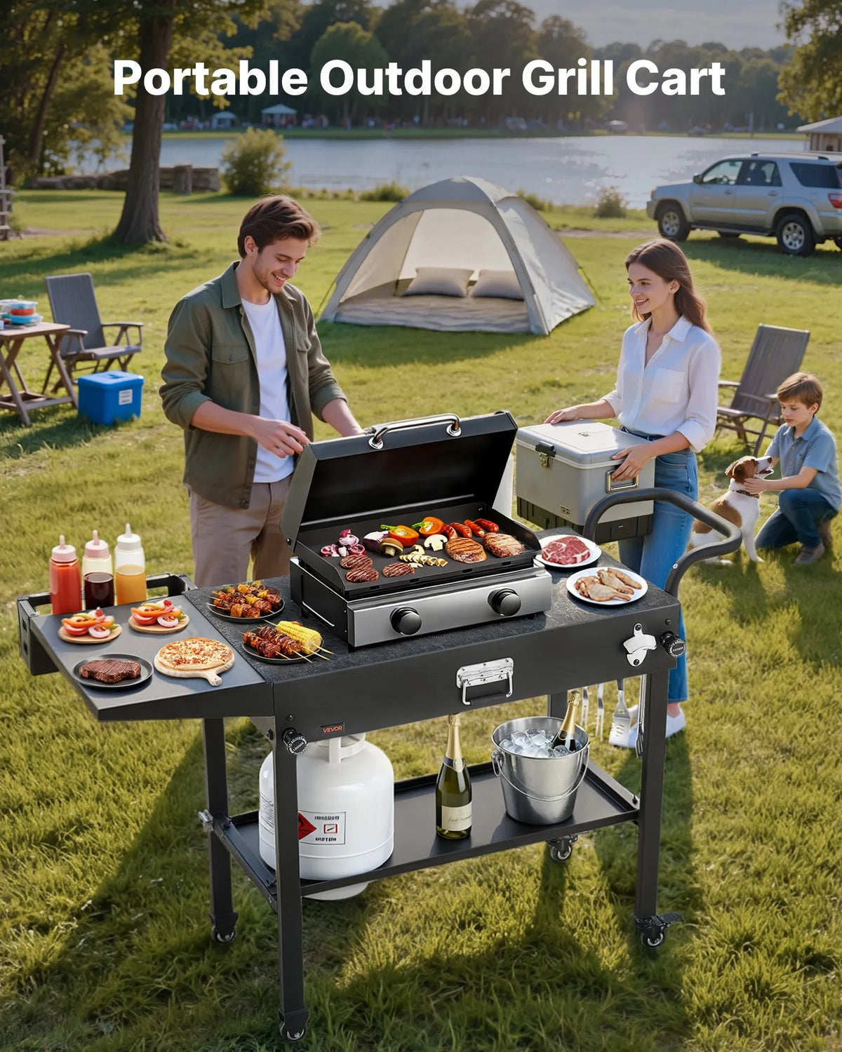 VEVORi välisgrillilaud, tööpind 787 × 432 mm, kokkupandav välisgrillilaud salvrätikupidiku, konksude, rataste ja külglauaga, grillimiseks piknikul, köögis ja aias