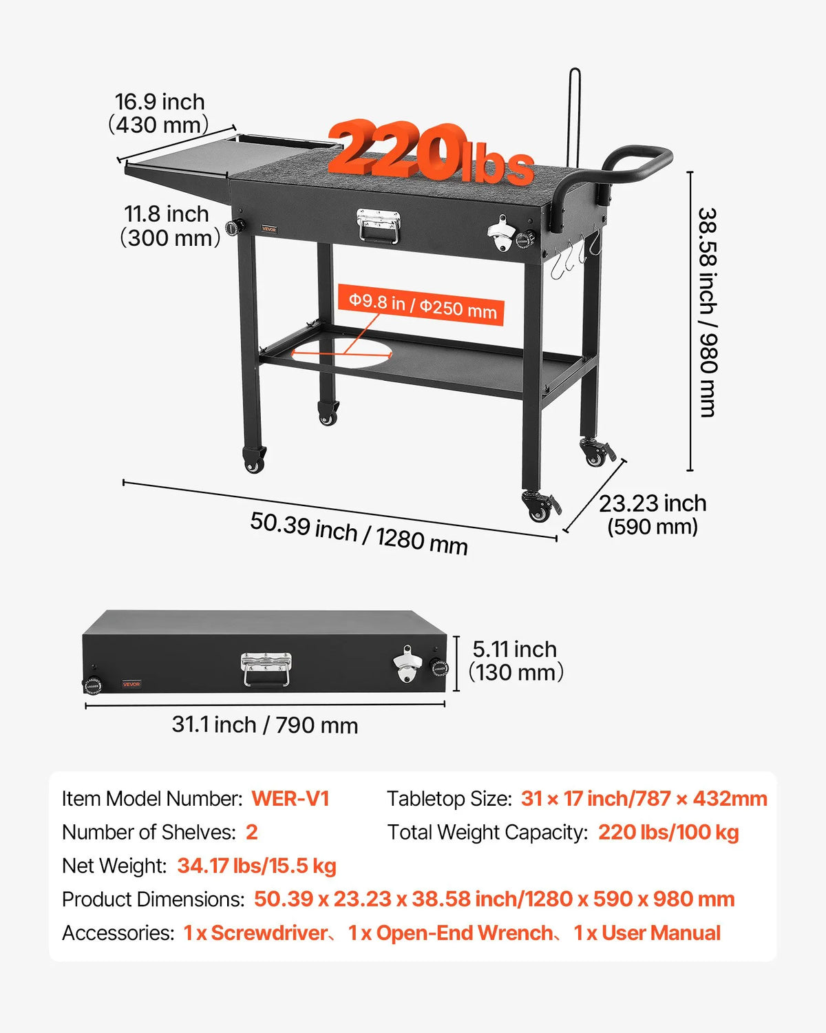 VEVORi välisgrillilaud, tööpind 787 × 432 mm, kokkupandav välisgrillilaud salvrätikupidiku, konksude, rataste ja külglauaga, grillimiseks piknikul, köögis ja aias