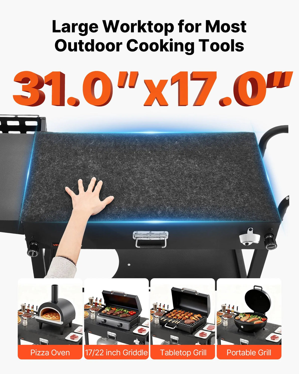 VEVORi välisgrillilaud, tööpind 787 × 432 mm, kokkupandav välisgrillilaud salvrätikupidiku, konksude, rataste ja külglauaga, grillimiseks piknikul, köögis ja aias