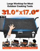 VEVOR āra grila galds, 787 × 432 mm darba virsma, salokāms āra gatavošanas galds ar salvešu turētāju, āķiem, riteņiem un sānu galdu, BBQ sagatavošanai piknikam, virtuvei un pagalmam