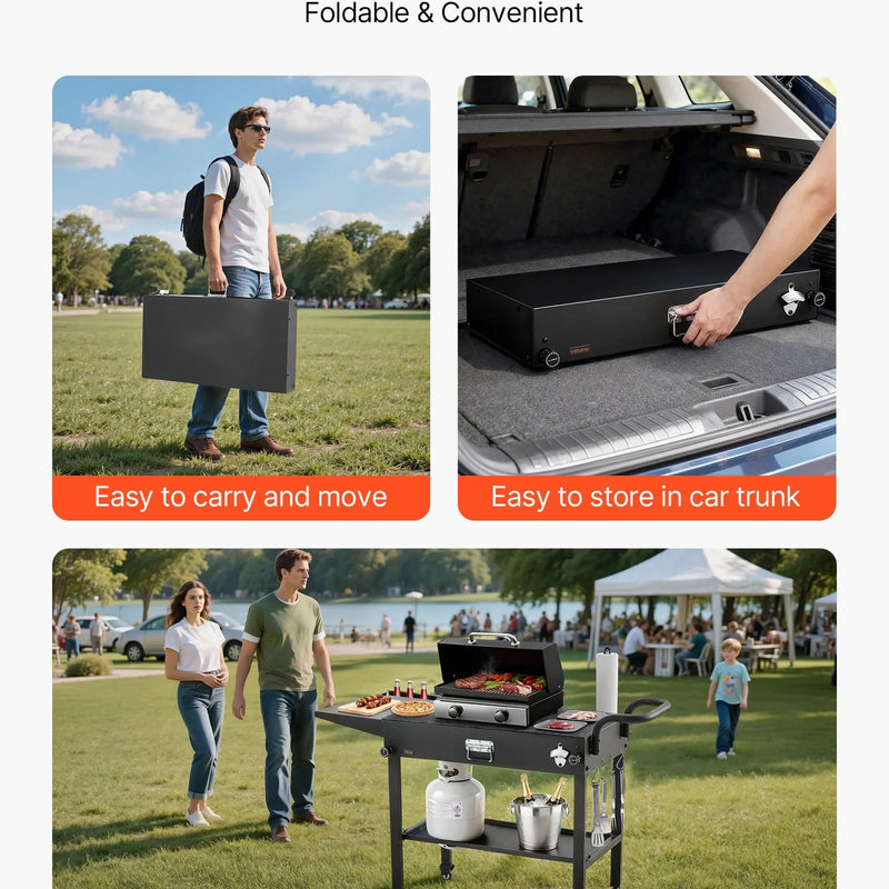 VEVOR āra grila galds, 787 × 432 mm darba virsma, salokāms āra gatavošanas galds ar salvešu turētāju, āķiem, riteņiem un sānu galdu, BBQ sagatavošanai piknikam, virtuvei un pagalmam