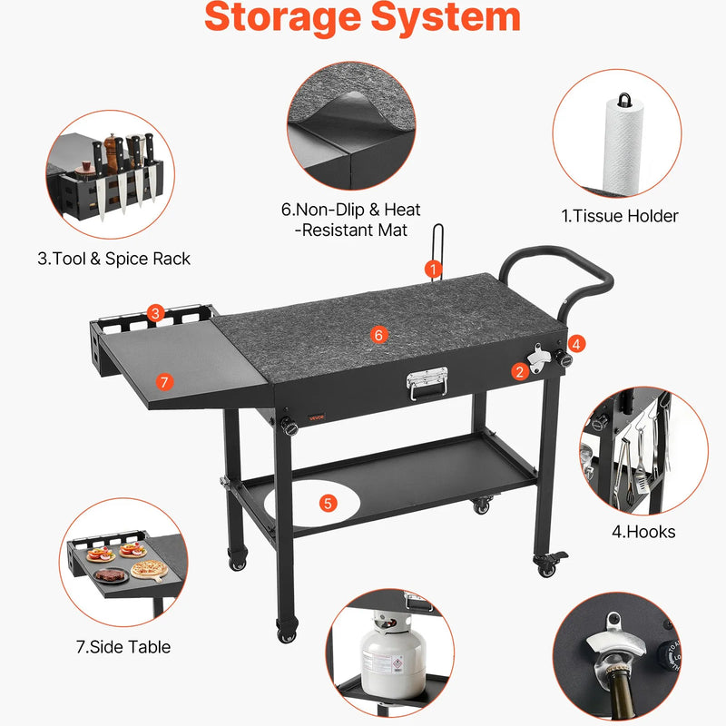 VEVOR āra grila galds, 787 × 432 mm darba virsma, salokāms āra gatavošanas galds ar salvešu turētāju, āķiem, riteņiem un sānu galdu, BBQ sagatavošanai piknikam, virtuvei un pagalmam