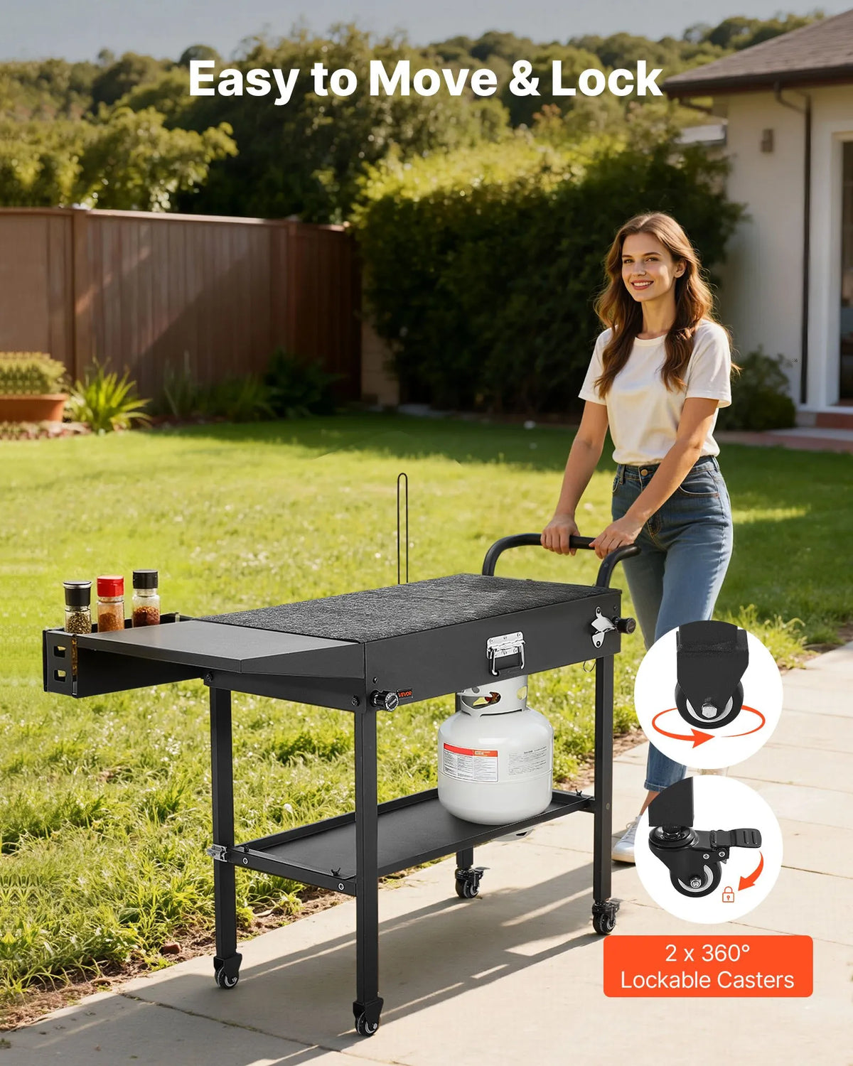 VEVORi välisgrillilaud, tööpind 787 × 432 mm, kokkupandav välisgrillilaud salvrätikupidiku, konksude, rataste ja külglauaga, grillimiseks piknikul, köögis ja aias