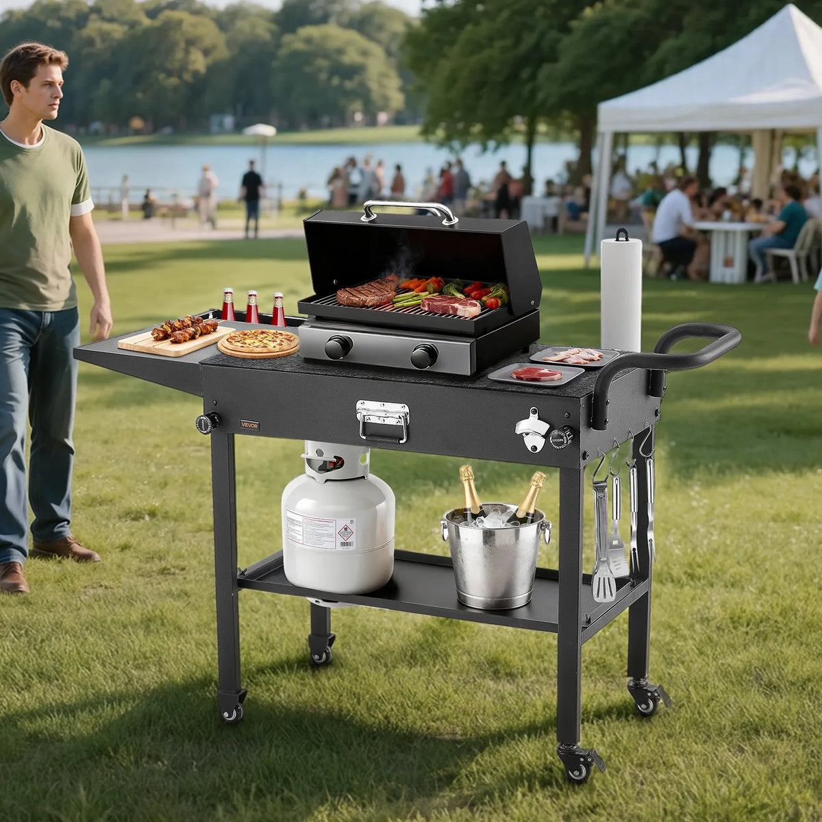 VEVORi välisgrillilaud, tööpind 787 × 432 mm, kokkupandav välisgrillilaud salvrätikupidiku, konksude, rataste ja külglauaga, grillimiseks piknikul, köögis ja aias