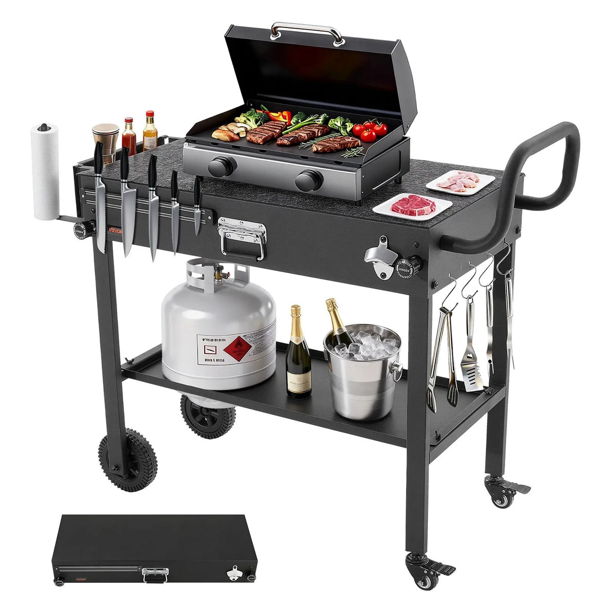 VEVOR Outdoor Grill Table Cart, 787 × 432 mm Worktop, Foldable Outdoor Cooking Table with Paper Towel Holder, Wheels and Magnetic Tool Holder, BBQ Prep Table for Picnics, Kitchen and Patio