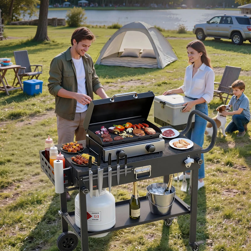 VEVOR āra grila galds-ratiņi, 787 × 432 mm galda virsma, salokāms āra gatavošanas galds ar papīra dvieļu turētāju, riteņiem un magnētisku instrumentu turētāju, BBQ sagatavošanas galds piknikiem, virtuvei un pagalmam