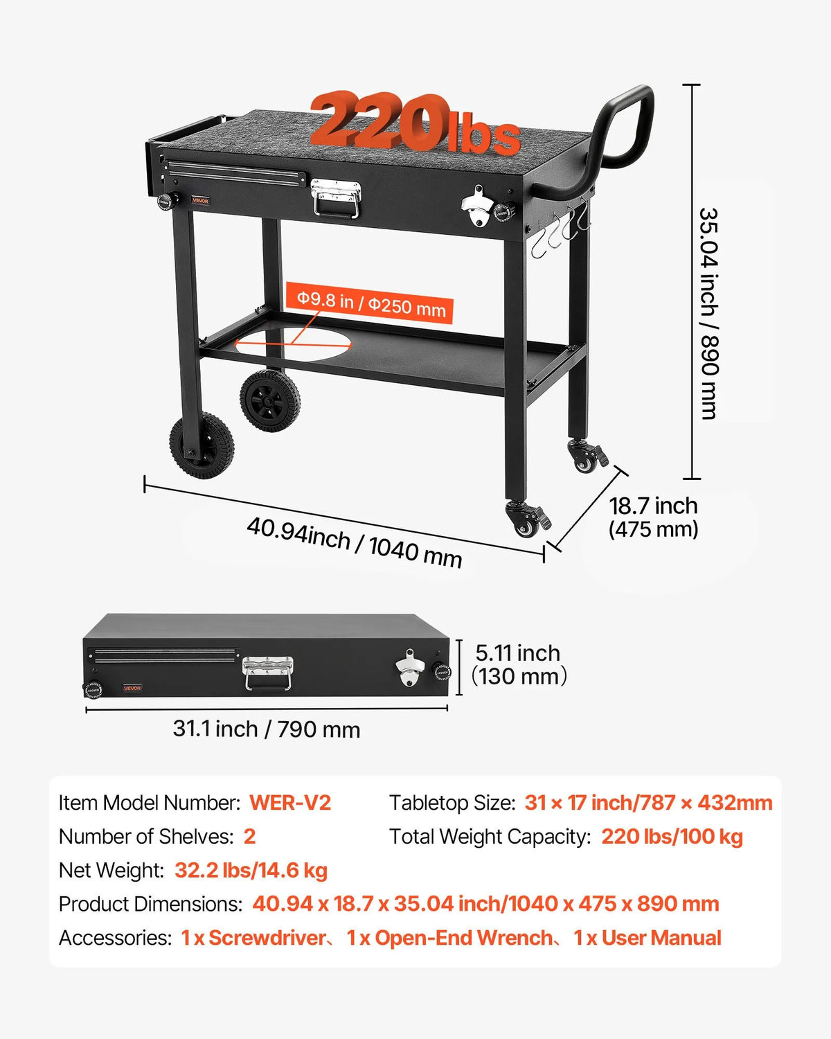 VEVOR Outdoor Grill Table Cart, 787 × 432 mm Worktop, Foldable Outdoor Cooking Table with Paper Towel Holder, Wheels and Magnetic Tool Holder, BBQ Prep Table for Picnics, Kitchen and Patio