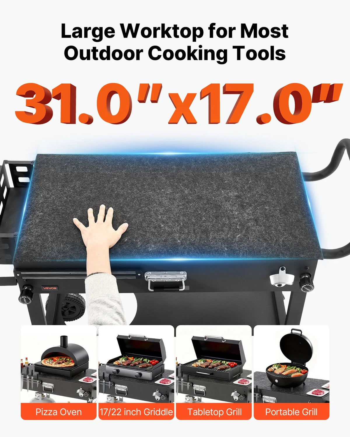 VEVOR Outdoor Grill Table Cart, 787 × 432 mm Worktop, Foldable Outdoor Cooking Table with Paper Towel Holder, Wheels and Magnetic Tool Holder, BBQ Prep Table for Picnics, Kitchen and Patio