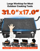 VEVOR āra grila galds-ratiņi, 787 × 432 mm galda virsma, salokāms āra gatavošanas galds ar papīra dvieļu turētāju, riteņiem un magnētisku instrumentu turētāju, BBQ sagatavošanas galds piknikiem, virtuvei un pagalmam