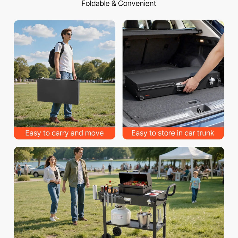 VEVOR āra grila galds-ratiņi, 787 × 432 mm galda virsma, salokāms āra gatavošanas galds ar papīra dvieļu turētāju, riteņiem un magnētisku instrumentu turētāju, BBQ sagatavošanas galds piknikiem, virtuvei un pagalmam