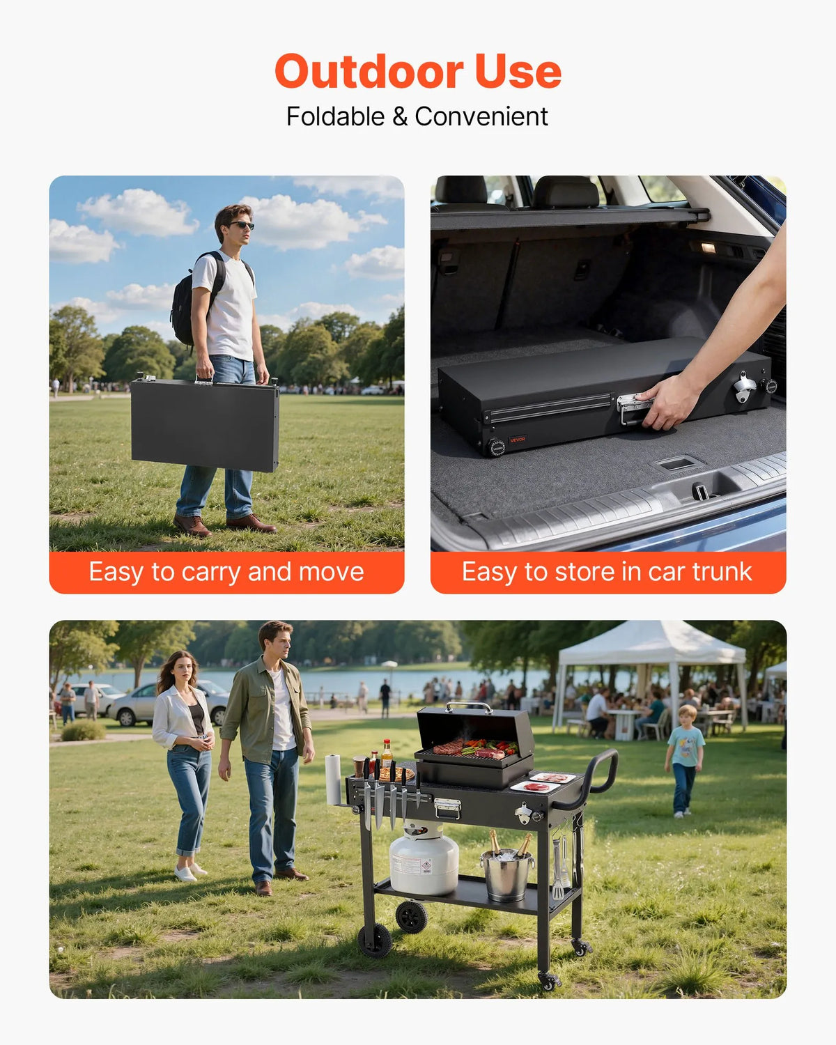 VEVOR Outdoor Grill Table Cart, 787 × 432 mm Worktop, Foldable Outdoor Cooking Table with Paper Towel Holder, Wheels and Magnetic Tool Holder, BBQ Prep Table for Picnics, Kitchen and Patio