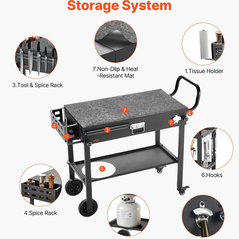 VEVOR āra grila galds-ratiņi, 787 × 432 mm galda virsma, salokāms āra gatavošanas galds ar papīra dvieļu turētāju, riteņiem un magnētisku instrumentu turētāju, BBQ sagatavošanas galds piknikiem, virtuvei un pagalmam