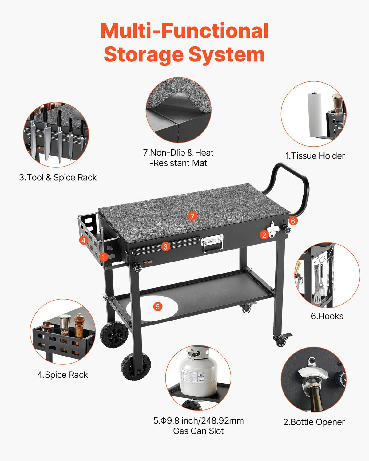 VEVOR Outdoor Grill Table Cart, 787 × 432 mm Worktop, Foldable Outdoor Cooking Table with Paper Towel Holder, Wheels and Magnetic Tool Holder, BBQ Prep Table for Picnics, Kitchen and Patio