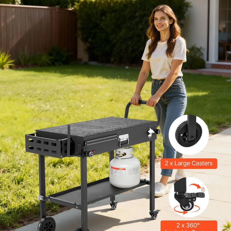 VEVOR āra grila galds-ratiņi, 787 × 432 mm galda virsma, salokāms āra gatavošanas galds ar papīra dvieļu turētāju, riteņiem un magnētisku instrumentu turētāju, BBQ sagatavošanas galds piknikiem, virtuvei un pagalmam