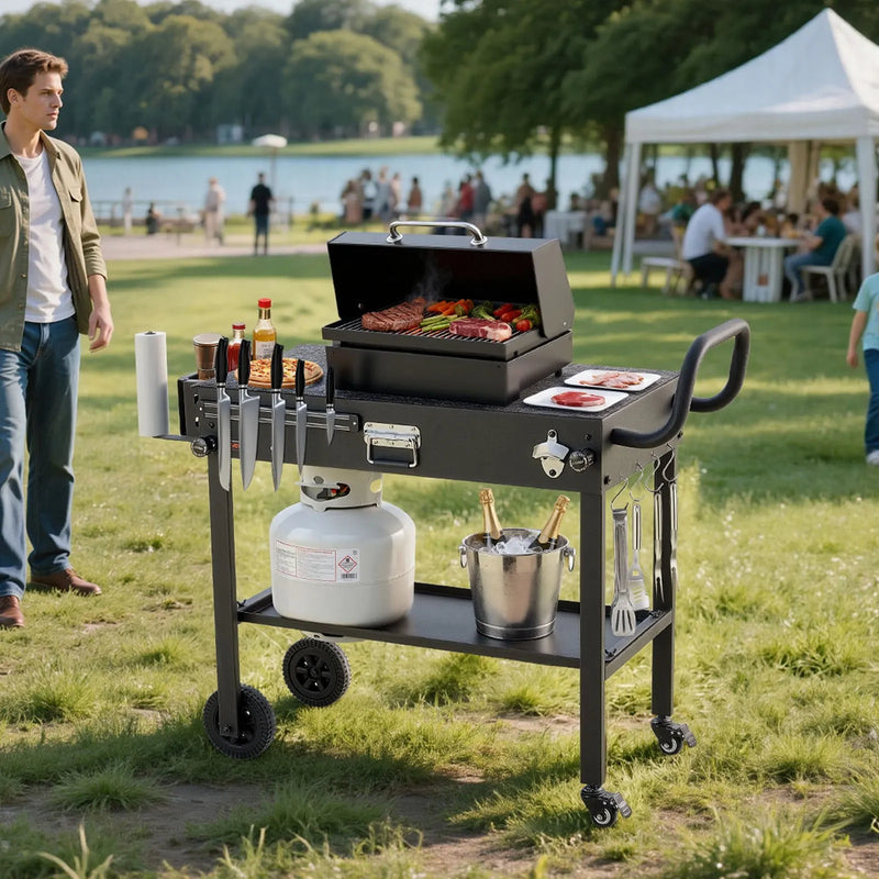 VEVOR āra grila galds-ratiņi, 787 × 432 mm galda virsma, salokāms āra gatavošanas galds ar papīra dvieļu turētāju, riteņiem un magnētisku instrumentu turētāju, BBQ sagatavošanas galds piknikiem, virtuvei un pagalmam