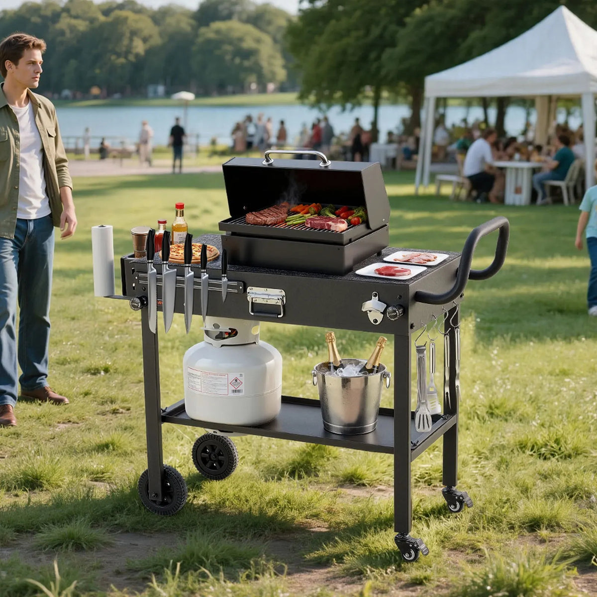 VEVOR Outdoor Grill Table Cart, 787 × 432 mm Worktop, Foldable Outdoor Cooking Table with Paper Towel Holder, Wheels and Magnetic Tool Holder, BBQ Prep Table for Picnics, Kitchen and Patio