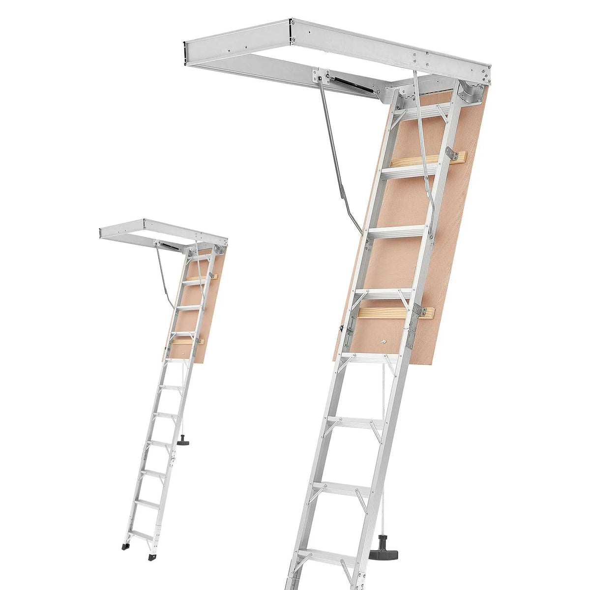 VEVOR alumīnija bēniņu kāpnes 170 kg, griestu augstumam 233,5–314 cm, lūkas atvērumam 1372 × 572 mm, salokāmas un pārnēsājamas bēniņu kāpnes