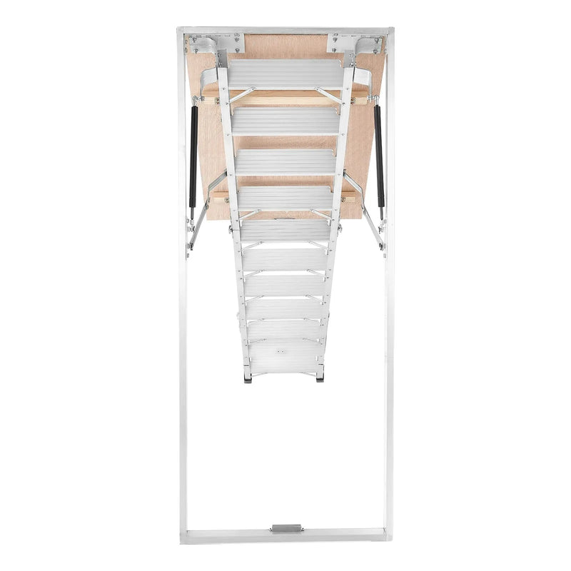 VEVOR alumīnija bēniņu kāpnes 170 kg, griestu augstumam 233,5–314 cm, lūkas atvērumam 1372 × 572 mm, salokāmas un pārnēsājamas bēniņu kāpnes