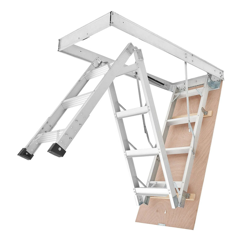 VEVOR alumīnija bēniņu kāpnes 170 kg, griestu augstumam 233,5–314 cm, lūkas atvērumam 1372 × 572 mm, salokāmas un pārnēsājamas bēniņu kāpnes