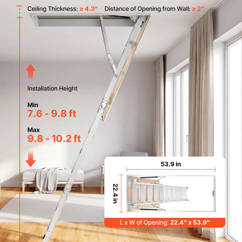 VEVOR alumīnija bēniņu kāpnes 170 kg, griestu augstumam 233,5–314 cm, lūkas atvērumam 1372 × 572 mm, salokāmas un pārnēsājamas bēniņu kāpnes