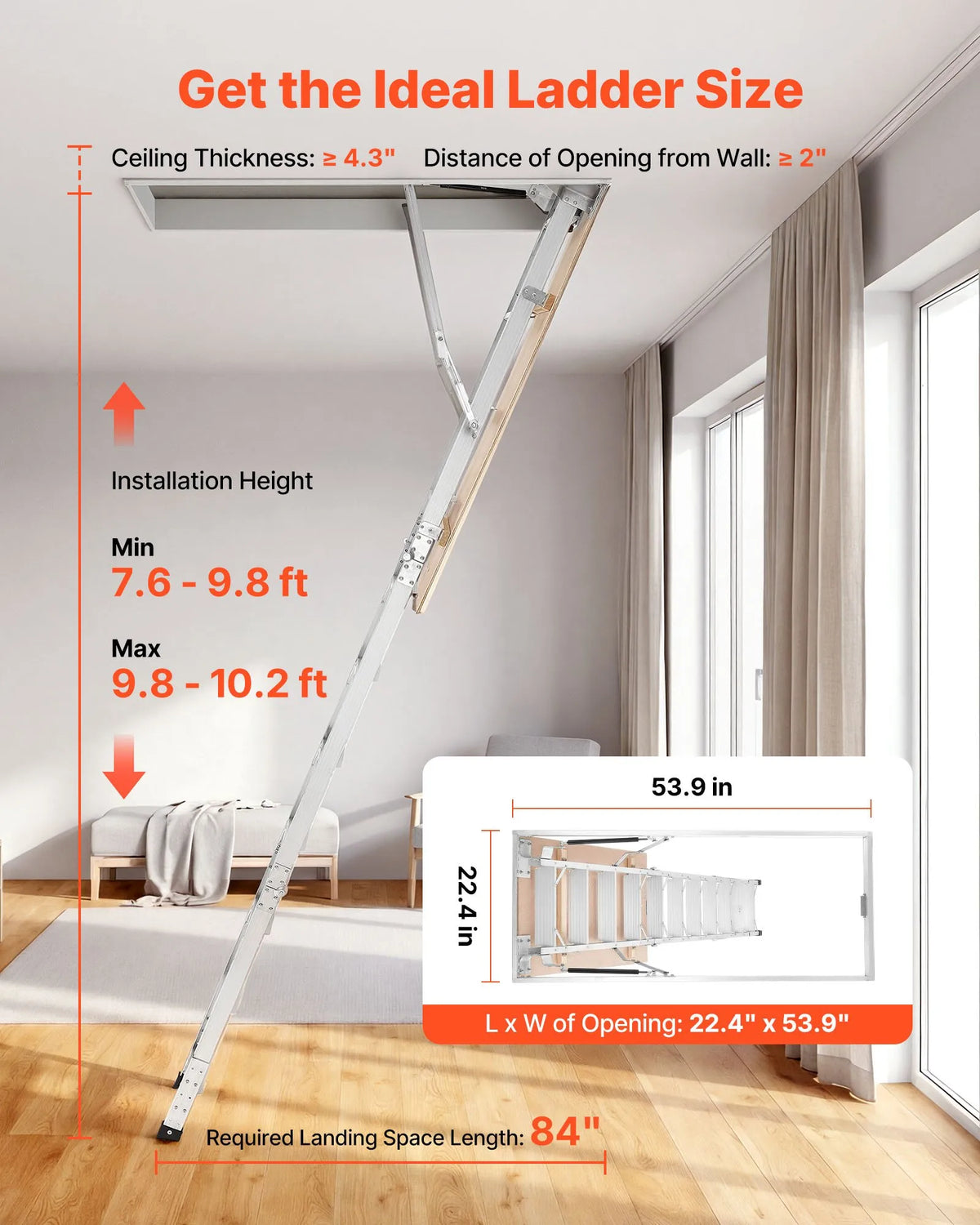 VEVOR alumīnija bēniņu kāpnes 170 kg, griestu augstumam 233,5–314 cm, lūkas atvērumam 1372 × 572 mm, salokāmas un pārnēsājamas bēniņu kāpnes