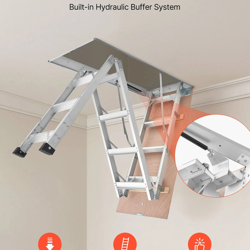 VEVOR alumīnija bēniņu kāpnes 170 kg, griestu augstumam 233,5–314 cm, lūkas atvērumam 1372 × 572 mm, salokāmas un pārnēsājamas bēniņu kāpnes