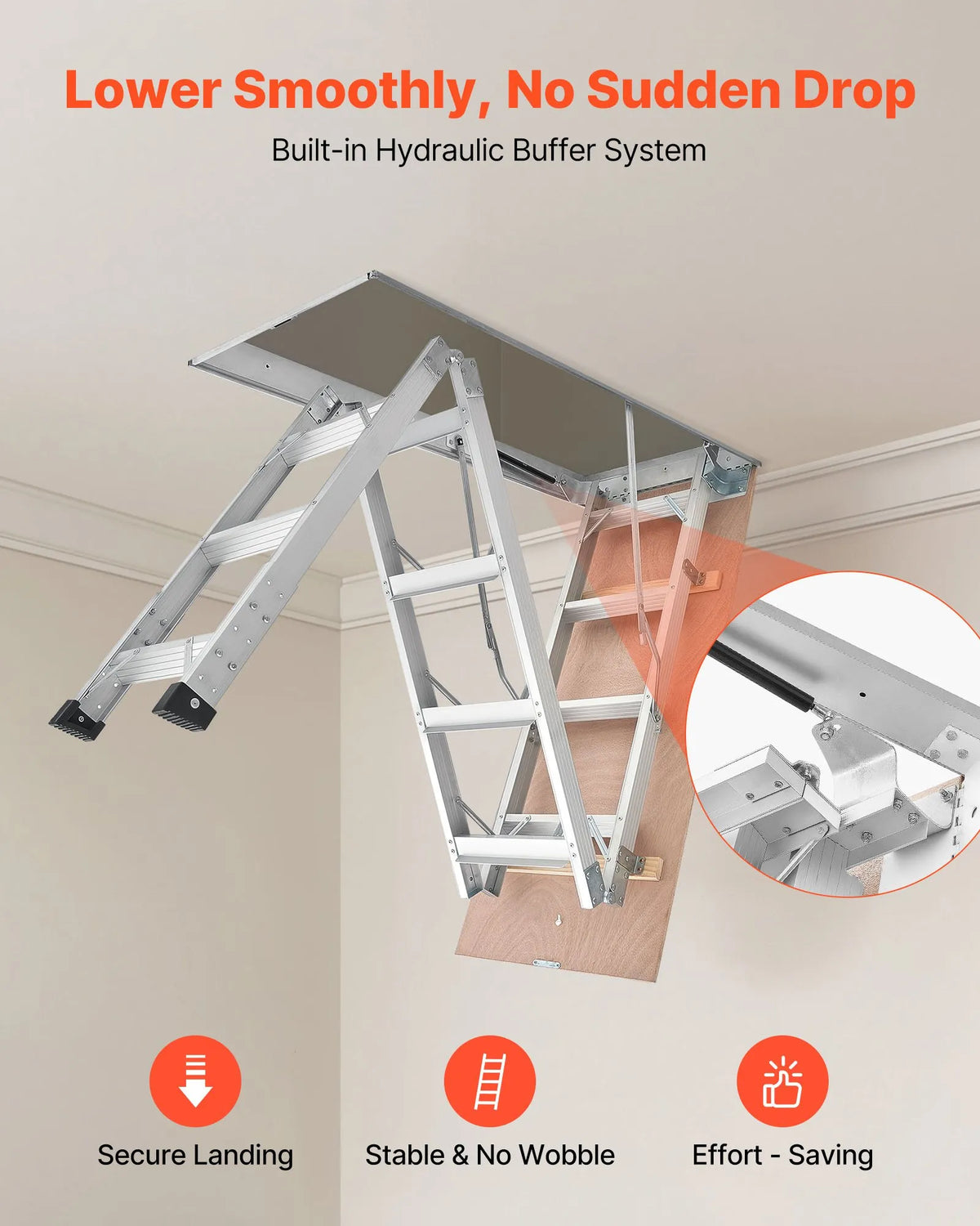 VEVOR alumīnija bēniņu kāpnes 170 kg, griestu augstumam 233,5–314 cm, lūkas atvērumam 1372 × 572 mm, salokāmas un pārnēsājamas bēniņu kāpnes