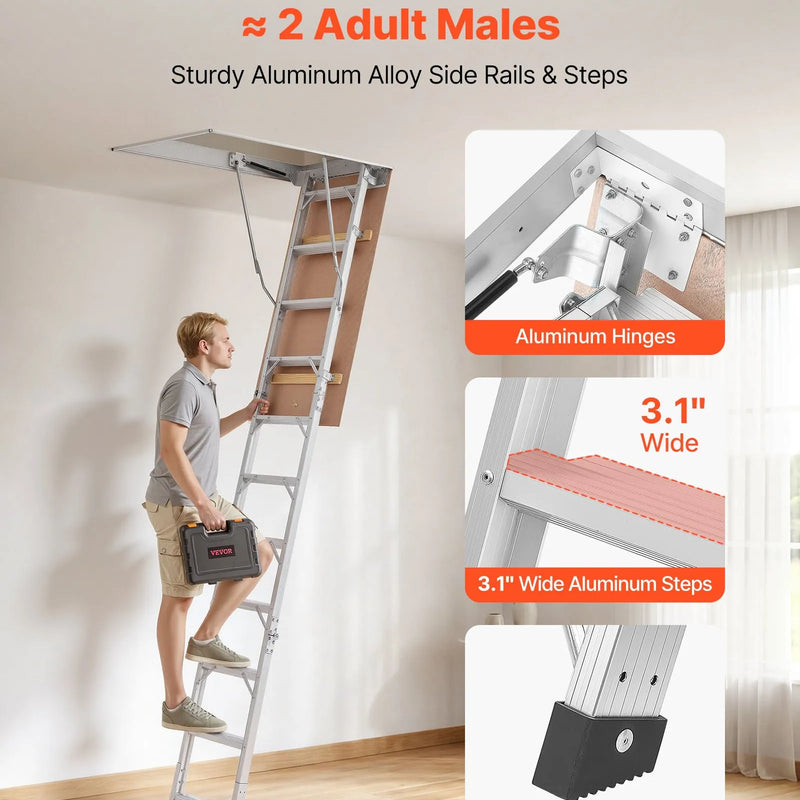 VEVOR alumīnija bēniņu kāpnes 170 kg, griestu augstumam 233,5–314 cm, lūkas atvērumam 1372 × 572 mm, salokāmas un pārnēsājamas bēniņu kāpnes