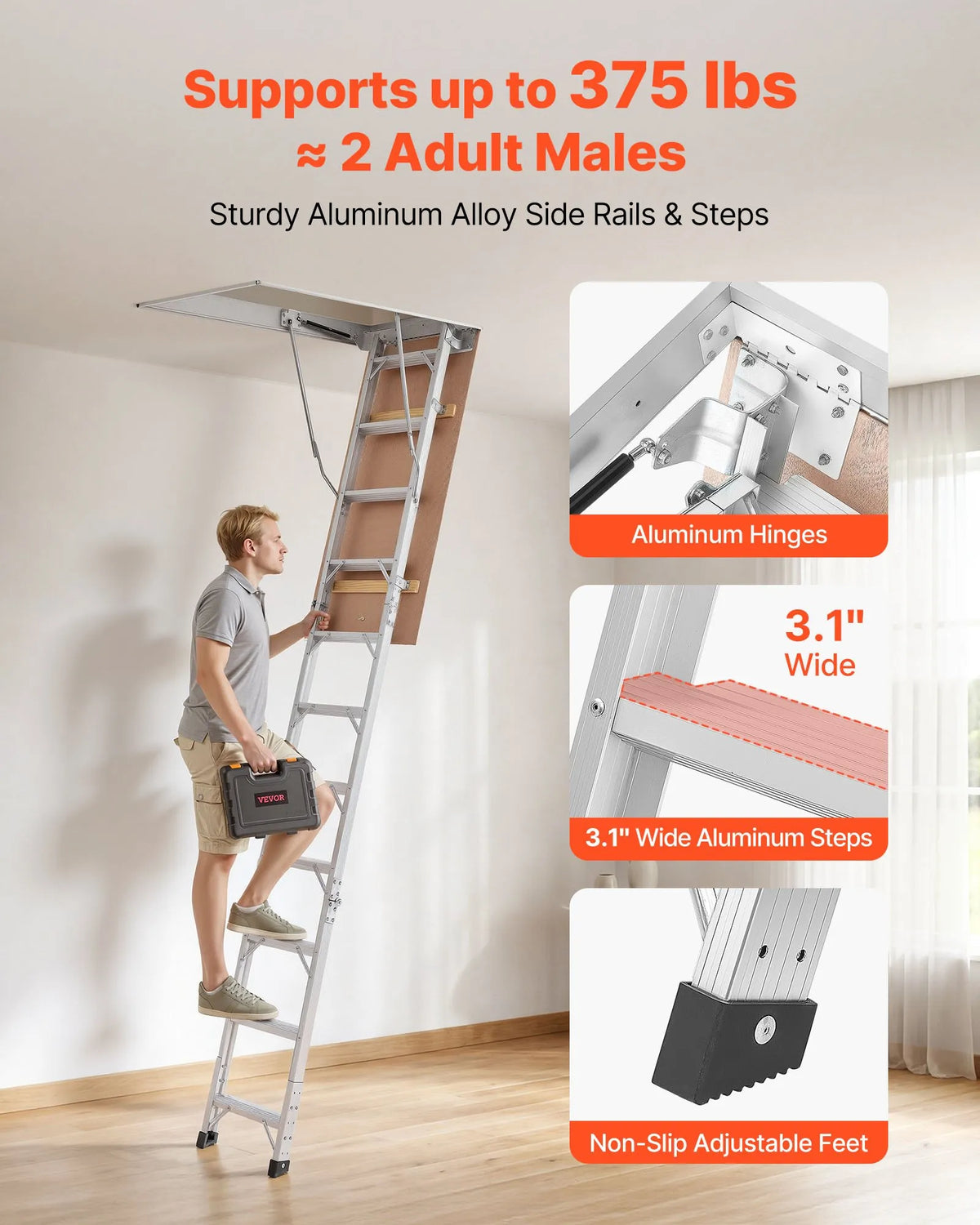VEVOR alumīnija bēniņu kāpnes 170 kg, griestu augstumam 233,5–314 cm, lūkas atvērumam 1372 × 572 mm, salokāmas un pārnēsājamas bēniņu kāpnes