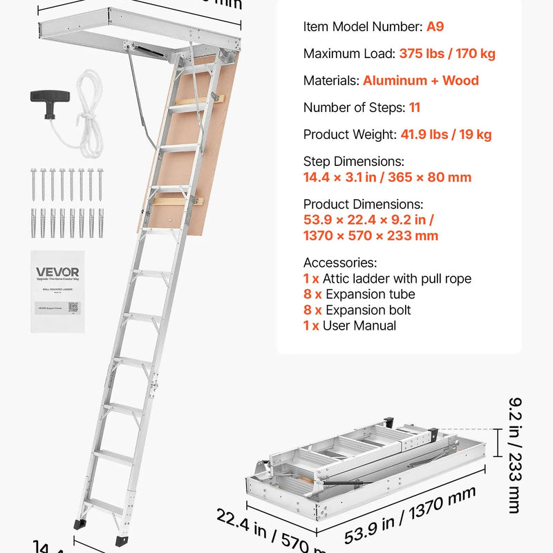 VEVOR alumīnija bēniņu kāpnes 170 kg, griestu augstumam 233,5–314 cm, lūkas atvērumam 1372 × 572 mm, salokāmas un pārnēsājamas bēniņu kāpnes