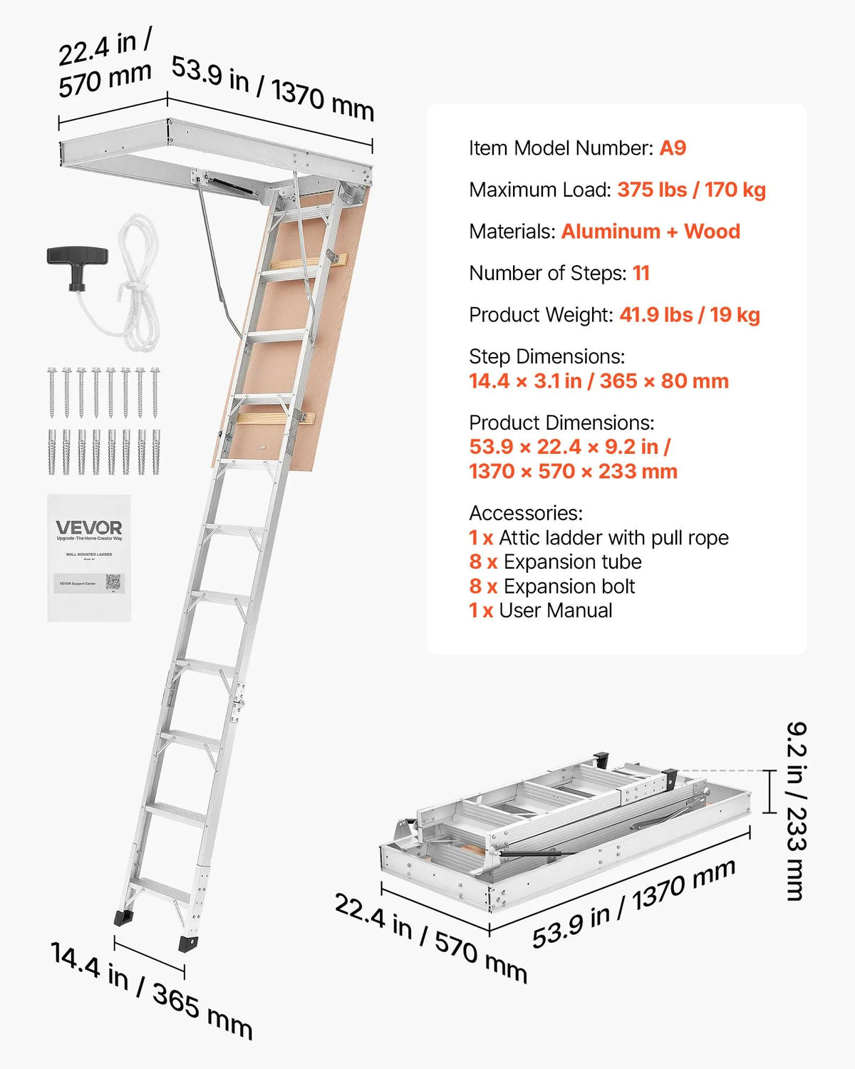 VEVOR alumīnija bēniņu kāpnes 170 kg, griestu augstumam 233,5–314 cm, lūkas atvērumam 1372 × 572 mm, salokāmas un pārnēsājamas bēniņu kāpnes