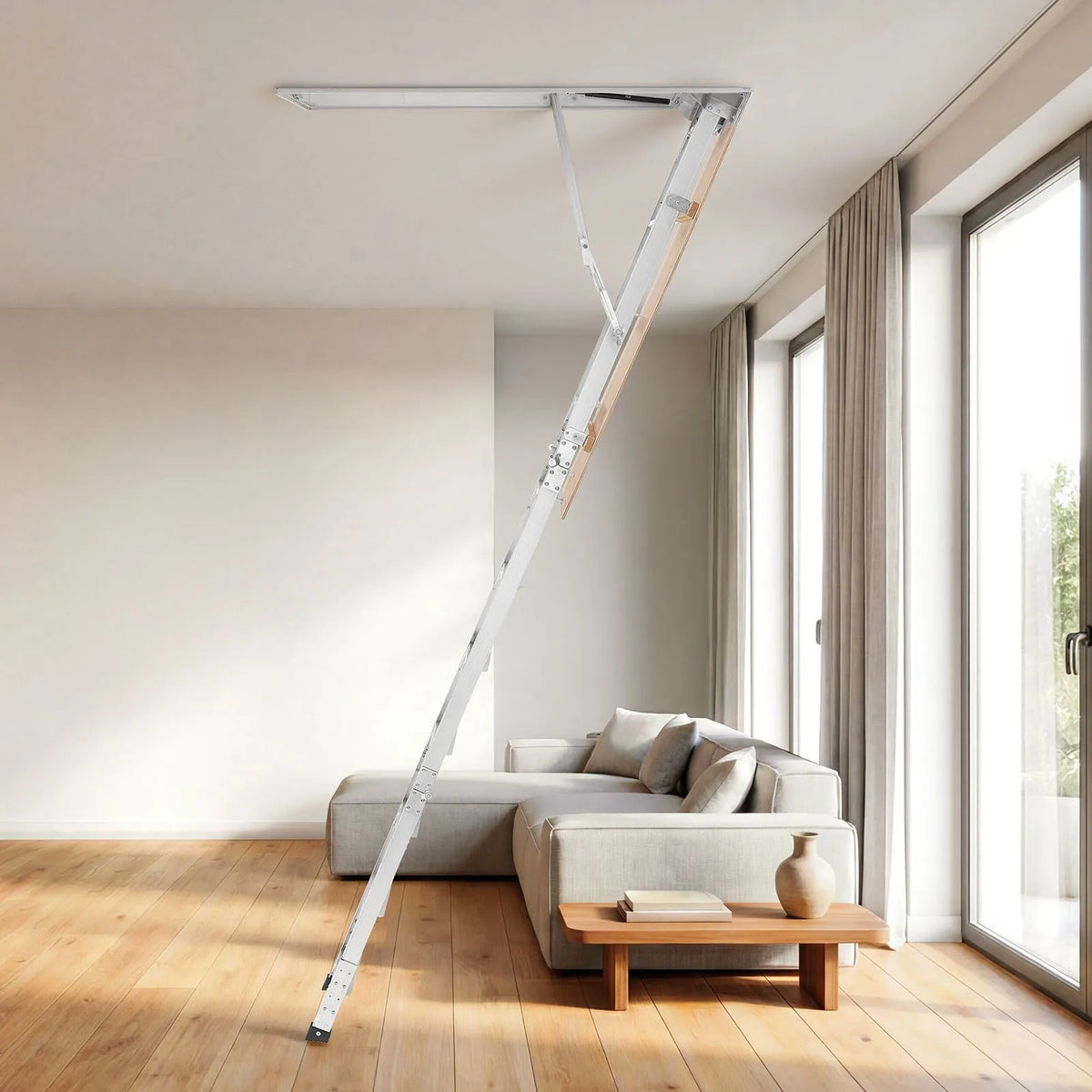 VEVOR alumīnija bēniņu kāpnes 170 kg, griestu augstumam 233,5–314 cm, lūkas atvērumam 1372 × 572 mm, salokāmas un pārnēsājamas bēniņu kāpnes