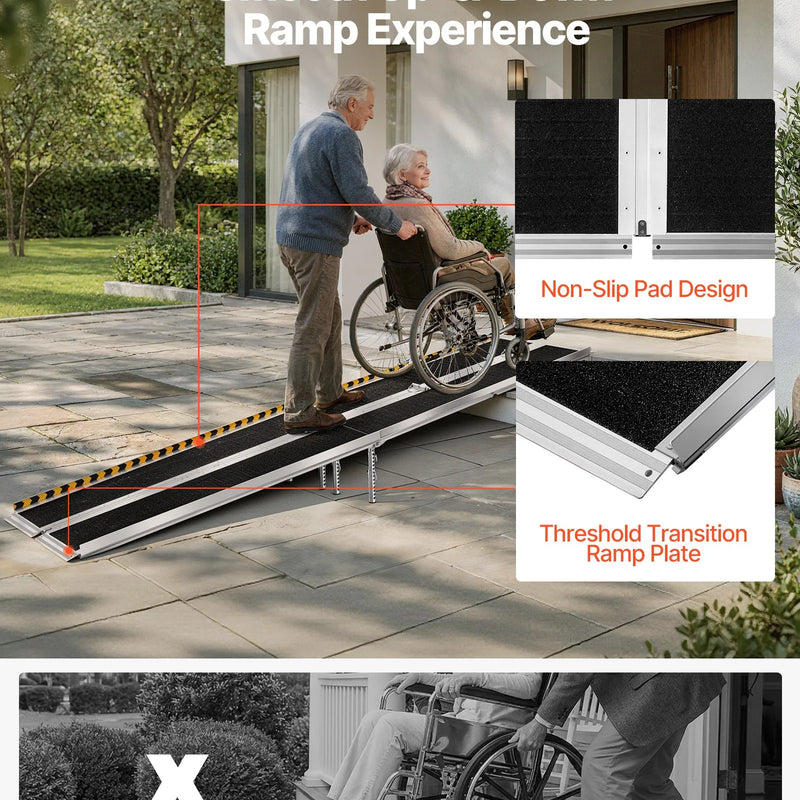 VEVOR pārnēsājama ratiņkrēslu rampa 3045 mm, neslīdoša salokāma alumīnija piekļuves rampa ar 363 kg kravnesību, piemērota mājas pakāpieniem, kāpnēm, sliekšņiem, durvju ailēm un mobilitātes skūteriem