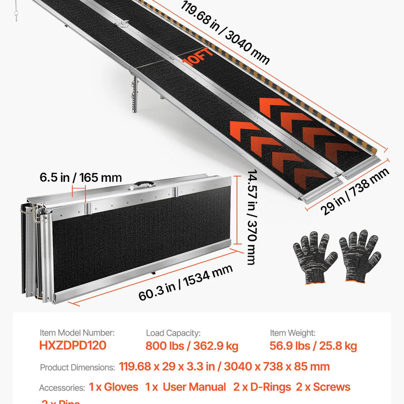 VEVOR pārnēsājama ratiņkrēslu rampa 3045 mm, neslīdoša salokāma alumīnija piekļuves rampa ar 363 kg kravnesību, piemērota mājas pakāpieniem, kāpnēm, sliekšņiem, durvju ailēm un mobilitātes skūteriem
