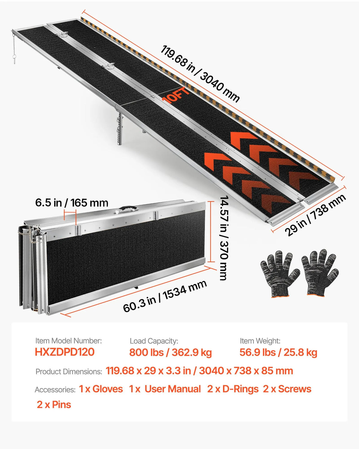 VEVOR Folding Aluminium Wheelchair Ramp 305 cm, Up to 363 kg, Non-Slip