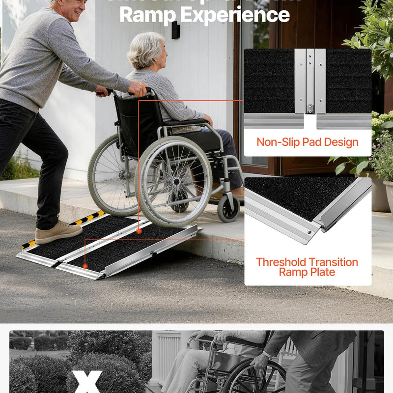 VEVOR pārnēsājama ratiņkrēslu rampa 610 mm, neslīdoša salokāma alumīnija piekļuves rampa ar 363 kg kravnesību, piemērota mājas pakāpieniem, kāpnēm, sliekšņiem, durvju ailēm, mobilitātes skūteriem un apmalēm