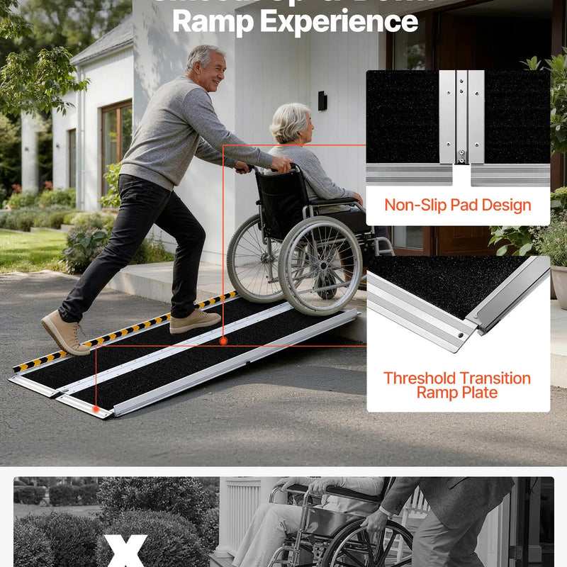 VEVOR pārnēsājama ratiņkrēslu rampa 1520 mm, neslīdoša salokāma alumīnija piekļuves rampa ar 363 kg kravnesību, piemērota mājas pakāpieniem, kāpnēm, sliekšņiem, durvju ailēm un mobilitātes skūteriem