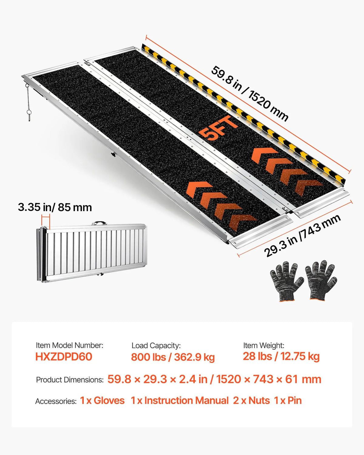 VEVOR Folding Aluminium Wheelchair Ramp 152 cm, Up to 363 kg, Non-Slip