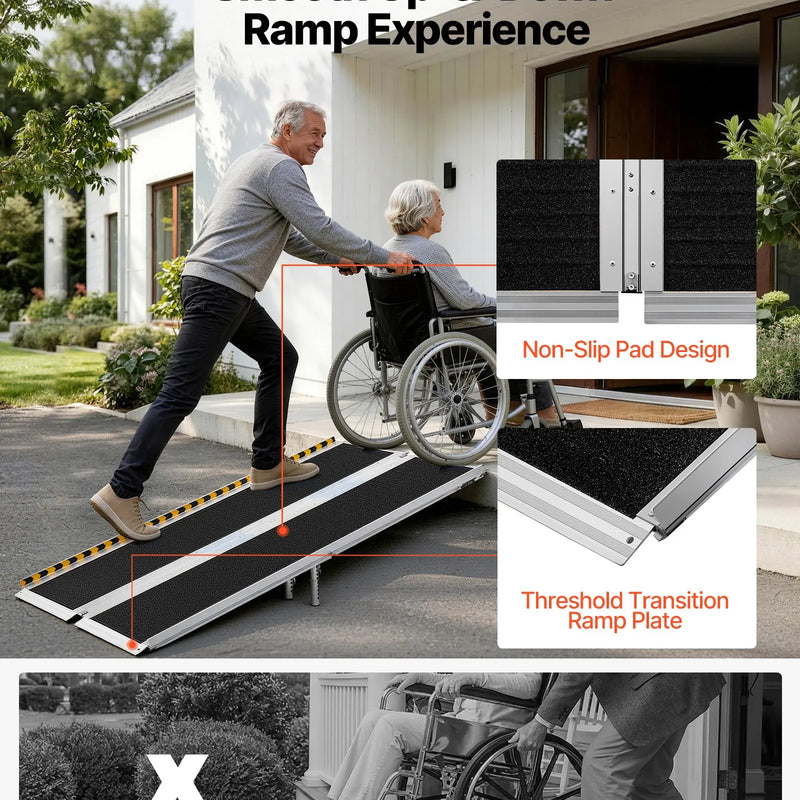 VEVOR pārnēsājama ratiņkrēslu rampa 1830 mm, neslīdoša salokāma alumīnija piekļuves rampa ar 363 kg kravnesību, piemērota mājas pakāpieniem, kāpnēm, sliekšņiem, durvju ailēm un mobilitātes skūteriem