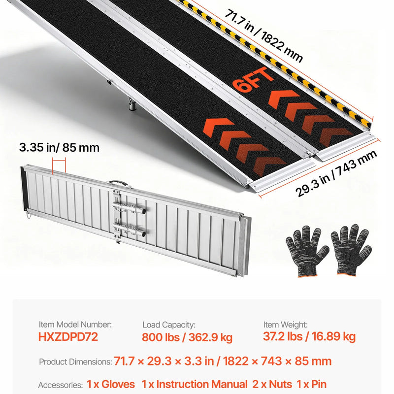 VEVOR pārnēsājama ratiņkrēslu rampa 1830 mm, neslīdoša salokāma alumīnija piekļuves rampa ar 363 kg kravnesību, piemērota mājas pakāpieniem, kāpnēm, sliekšņiem, durvju ailēm un mobilitātes skūteriem